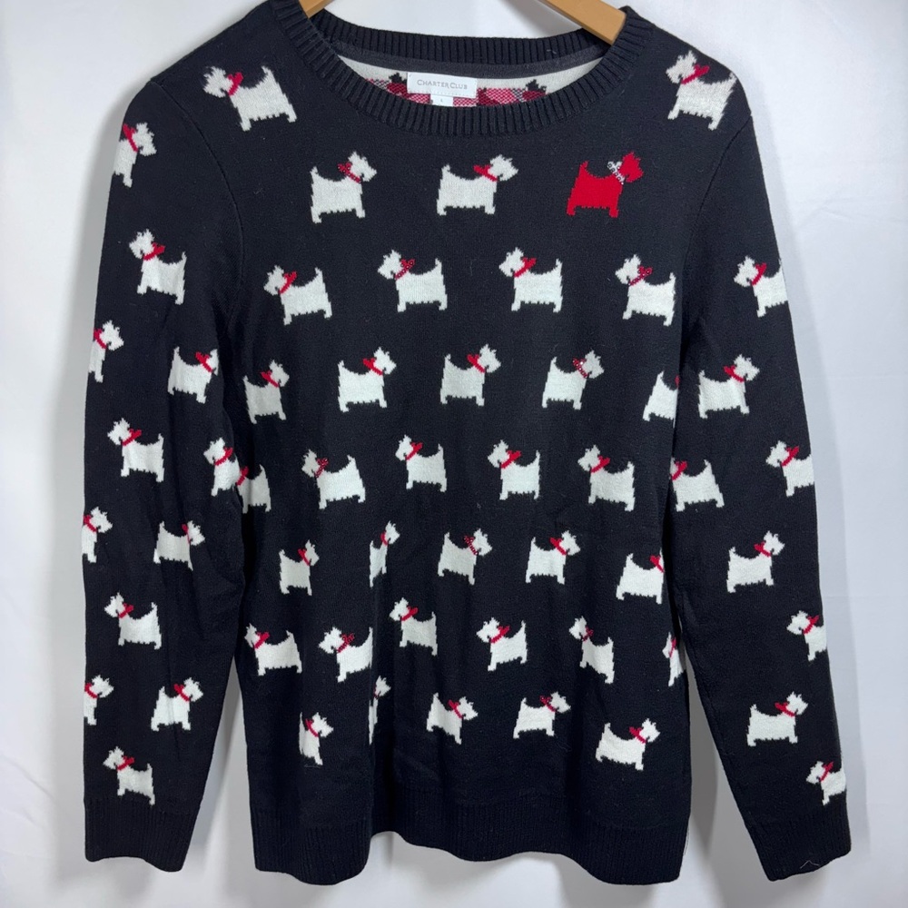 Black Scottie Dog Sweater by Charter Club Scottish Terrier Red Bow Collar Large